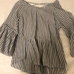 Blue and white striped long sleeve blouse.